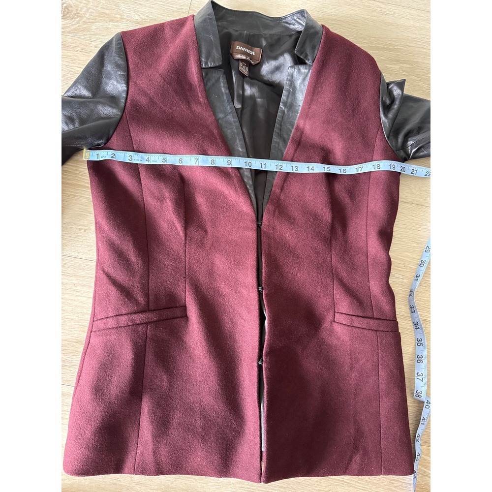 Danier Womens Italian Leather Sleeve Wool Blend Blazer Burgundy Black Medium - Picture 10 of 11